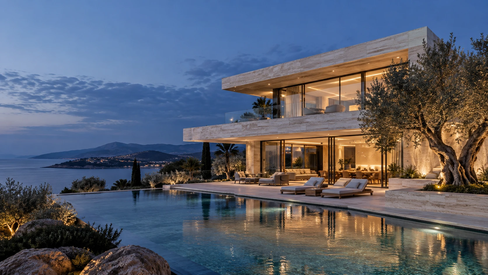 Concept of a modern travertine villa with glass walls and a reflecting pool at dusk
