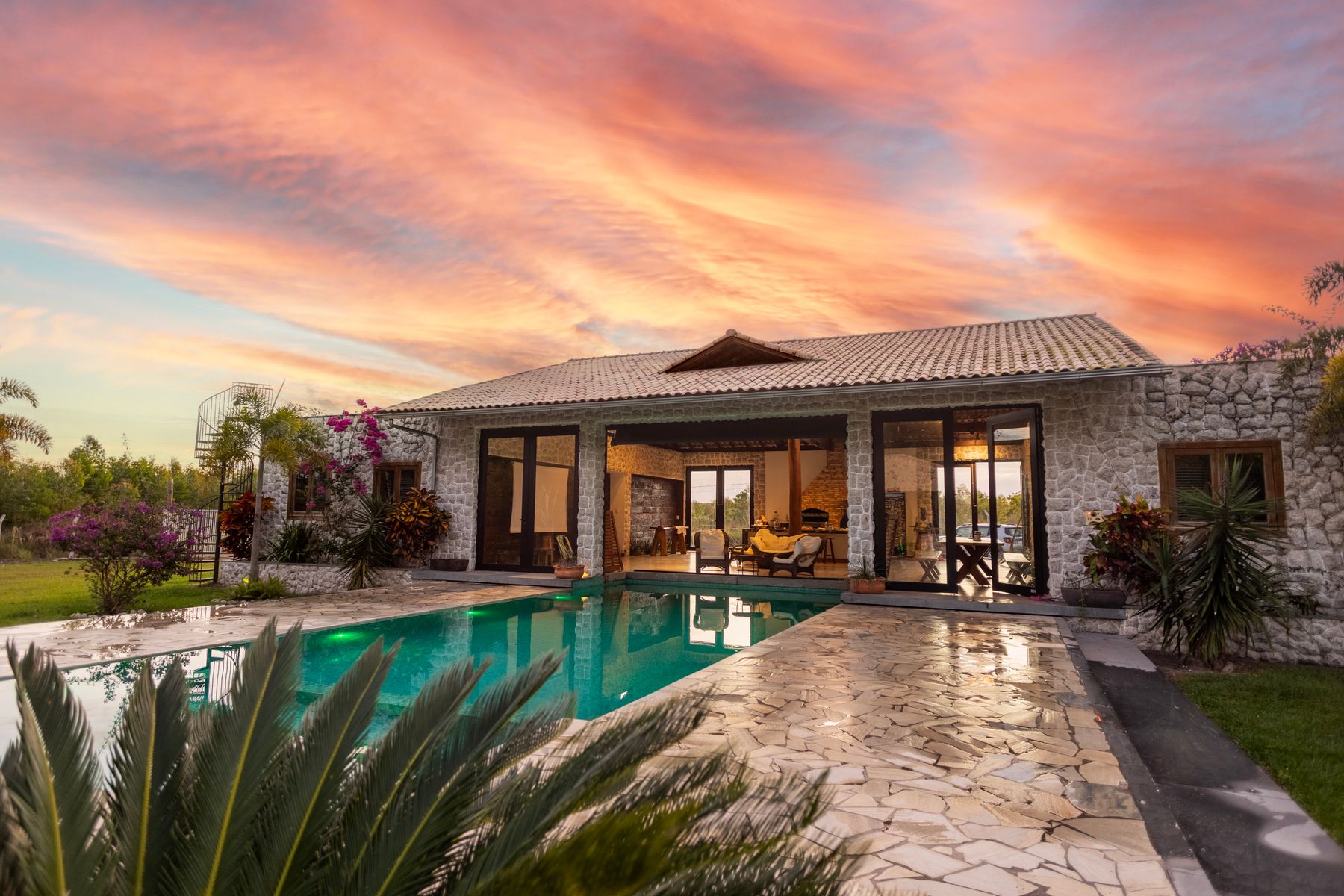 An inviting architectural home at golden hour